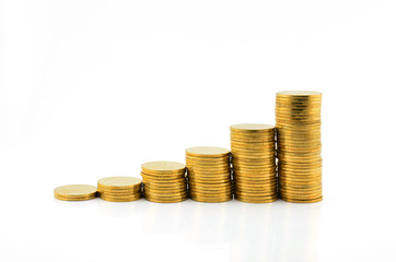 Golden coins stacks isolated on white background