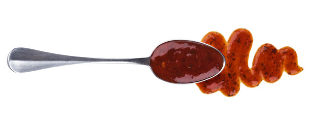 Wall Mural - Salsa sauce with spoon isolated on white background. Top view