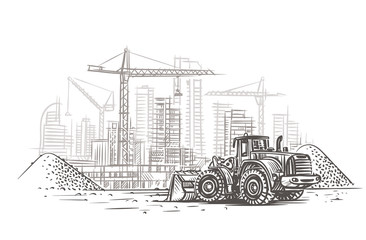 dozer on construction site sketch. vector. layered.