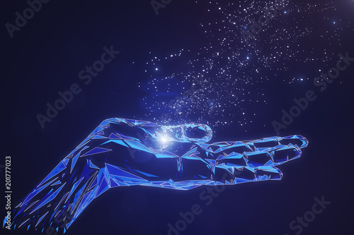 Glowing polygonal hand on blue background