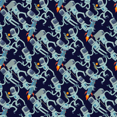 Wall Mural - Astronaut in space vector character having fun spaceman galaxy cosmos atmosphere astronautics system fantasy traveler man seamless pattern background.