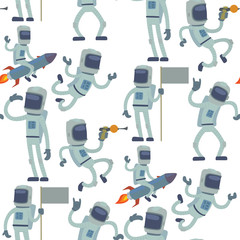 Wall Mural - Astronaut in space vector character having fun spaceman galaxy cosmos atmosphere astronautics system fantasy traveler man seamless pattern background.