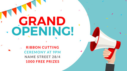 grand opening flyer banner template. marketing business concept with megaphone. grand opening advert