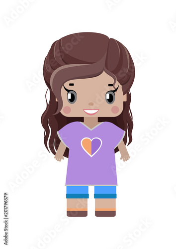 Small Sweet Girl With Long Brown Wavy Hair Smiling In A Tunic