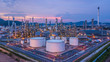 Aerial view oil and gas business chemical tank with oil refinery plant background at twilight.