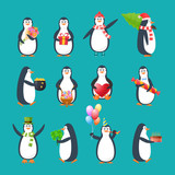 Fototapeta Pokój dzieciecy - Set, collection, beautiful funny antarctic birds penguins in different holidays.