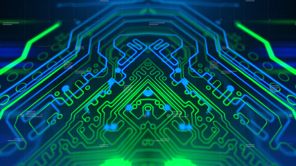 Wall Mural - Mirror Symmetry. Green, blue neon background with digital integrated network technology. Printed circuit board. 3D illustration. 