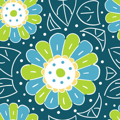 Wall Mural - seamless pattern with chamomile, camomile naive style. flowers stylized on dark background. simple f