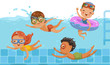Children swimming Boys,girls in swimwear are  children's pool.Underwater view and on water.kids are having fun.Vacation in summer vacation Share with friends.Sports swimming in childhood water. 