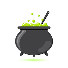 Colored Flat Icon, Vector Design With Shadow. Cartoon Witches Cauldron With Potion, Bubbles And Spoon For Illustration Of Magic, Witchcraft, Boiling Potions. Symbol Of Halloween