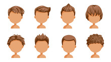 Boy Hair Rear View Set. Head Of A Little Boy. Cute  Hairstyle.Variety Child Modern Fashion For Assortment. Long , Short , Curly Hair. Salon Hairstyles Trendy Haircut Of Male. Vector Icon  Isolated. 