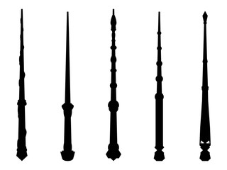 Wall Mural - Magic wands set. Wizard tool. Wooden stick collection. Black contour isolated on white background. Vector illustration