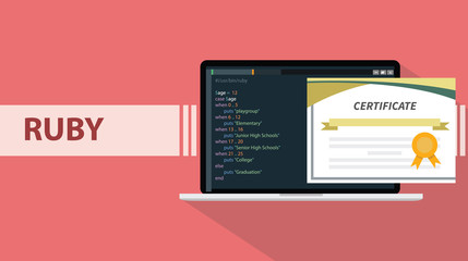 Wall Mural - ruby programming language paper certification with laptop and real code script sample