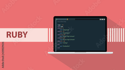 Fotomural ruby programming language with laptop and real code script sample