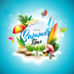 Vector Summer Time Holiday typographic illustration on vintage wood background. Tropical plants, flower, beach ball, surf board, air balloon and sunshade with blue cloudy sky. Design template for