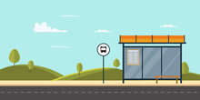 Bus Stop On Main Street City.Public Park With Bench And Bus Stop With Sky Background.Vector Illustration