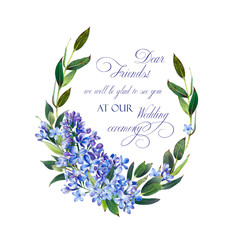 Canvas Print - Template for congratulations or invitations to the wedding in blue colors. Illustration by markers, beautiful composition of lilac and twigs with leaves. Imitation of watercolor drawing.