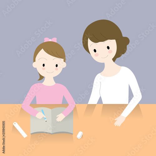 Cartoon Cute Mother Is Helping Her Daughter Do The Homework In Room Vector Stock Vector Adobe Stock