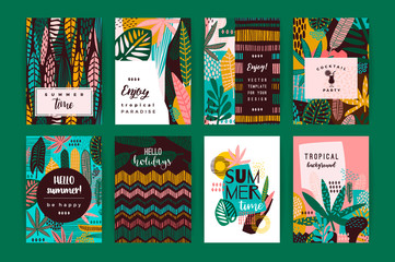 Set of abstract creative templates with tropical leaves.