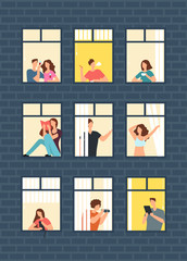 Poster - Cartoon man and woman neighbors in apartment windows in building. Happy neighborhood vector flat concept