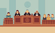 Courtroom interior with judges and lawyer. Justice and law vector concept