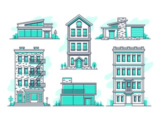 Poster - Contemporary urban and suburban houses line icons set. Real estate outline symbols