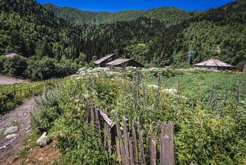 Canvas Print - small village next to road from Mestia to villages community called Ushguli in Upper Svanetia region, Georgia