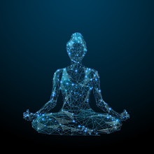 Abstract Image Of Woman Yogi Sits In A Lotus Pose In The Form Of A Starry Sky Or Space, Consisting Of Points, Lines, And Shapes In The Form Of Planets, Stars And The Universe. Vector Yoga. RGB