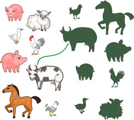 Sticker - Find the right shade. Educational children matching game with farm animals for children of preschool age