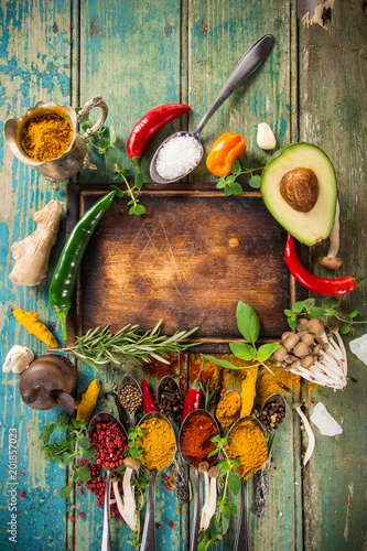 Photo Various colorful spices on wooden table