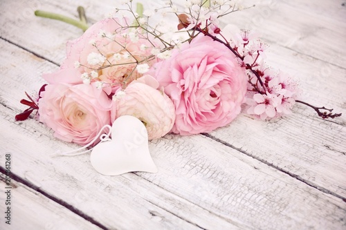 Grußkarte - Frühlingsblumen - Blumenstrauß rosa nostalgisch