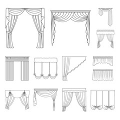 Wall Mural - Different kinds of curtains outline icons in set collection for design. Curtains and lambrequins vector symbol stock web illustration.