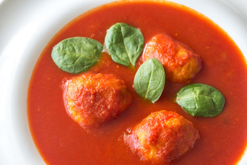 Wall Mural - Portion of tomato soup with meatballs