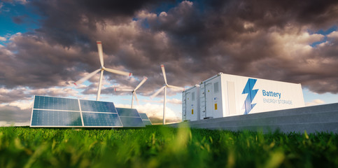 Wall Mural - Concept of energy storage system. Renewable energy - photovoltaics, wind turbines and Li-ion battery container in fresh nature. 3d rendering.