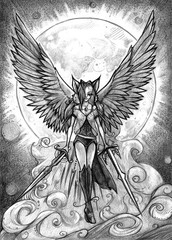 Cat angel girl with the moon on a background and clouds. Black and white. Pencil hand drawn illustration, Fantasy style. Can be used like cards, backgrounds, art prints, etc.