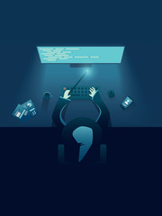 IT programmer as genius or wizard sitting behind computer. IT recruitment poster template for hiring IT developers, engineers, specialists.