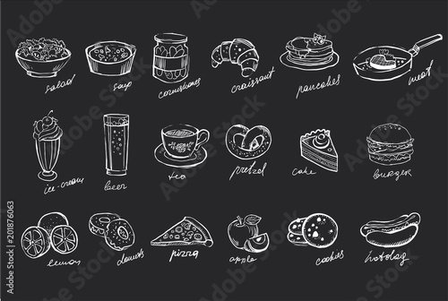Dekoracja na wymiar  wektor-zestaw-recznie-rysowane-jedzenie-i-napoje-na-czarnej-tablicy-salatka-zupa-ogorki-konserwowe