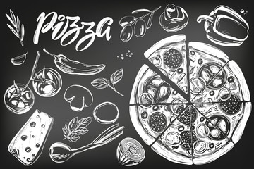 Italian pizza , collection of pizza with ingredients, logo, hand drawn vector illustration realistic sketch , drawn in chalk on a black board