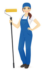 Woman painter standing with roll vector illustration