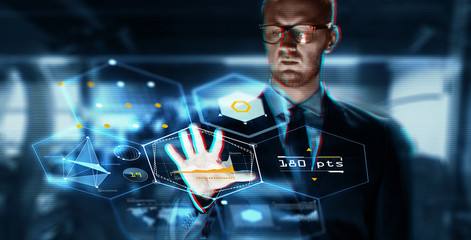 Poster - business, augmented reality, technology and cyberspace concept - close up of businessman in suit working with virtual screen over abstract background