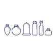 Set of different cartoon potion bottles. Flat outline vector illustration. White isolated.