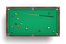 3d Rendering Of An Isolated Billiard Table In A Top View With One Cue Stick And Many Colorful Balls Lying Around.