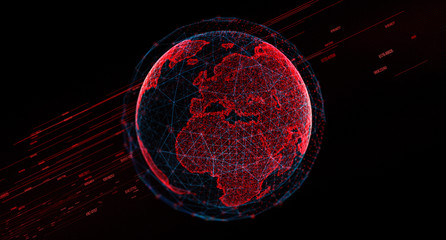 Fototapete - Global International Connectivity Background/Connection lines Around Earth Globe, Theme Background with Light Effect. Earth from space at night with a digital communication system