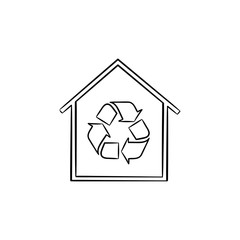 Sticker - Eco house with recycle symbol hand drawn outline doodle icon. Building with recycle sign vector sketch illustration for print, web, mobile and infographics isolated on white background.