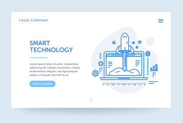 Startup company illustration. Web banner. Blue flat line style. Home page concept. UI design mockup.