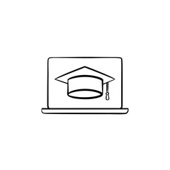 Canvas Print - Graduation cap on computer screen hand drawn outline doodle icon. Elearning vector sketch illustration for print, web, mobile and infographics isolated on white background.