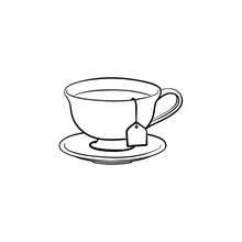 Cup With Tea Bag Hand Drawn Outline Doodle Icon. Hot Drink - Tea Cup Vector Sketch Illustration For Print, Web, Mobile And Infographics Isolated On White Background.