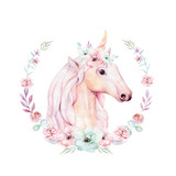 Fototapeta  - Isolated cute watercolor unicorn clipart with flowers. Nursery unicorns illustration. Princess rainbow poster. Trendy pink cartoon pony horse.