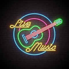 Wall Mural - Live music neon sign with guitar and letter on brick wall background. Design template for decoration, cover, flyer or promotional party poster.