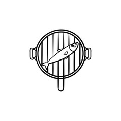 Canvas Print - Fish grill hand drawn outline doodle icon. Vector sketch illustration of fish on a grill pan for print, web, mobile and infographics isolated on white background.